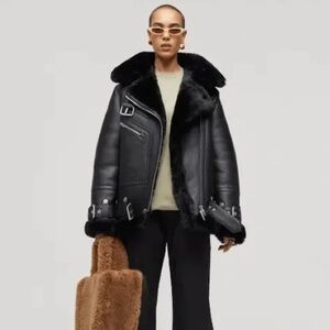 THE MOYA SHEARLING BLACK LEATHER JACKET NWT SIZE L